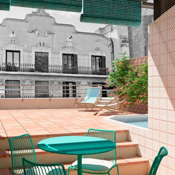 Terrace with mosaic architecture view and lounge furniture in Avinyó 17 Barcelona