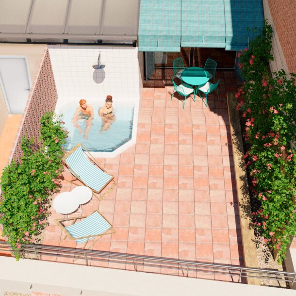 Top view of rooftop terrace with plunge pool and sun loungers in Avinyó 17, Barcelona