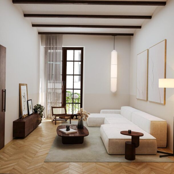 Living room with white sofa, wooden furniture, and balcony access in Avinyó 17 Barcelona