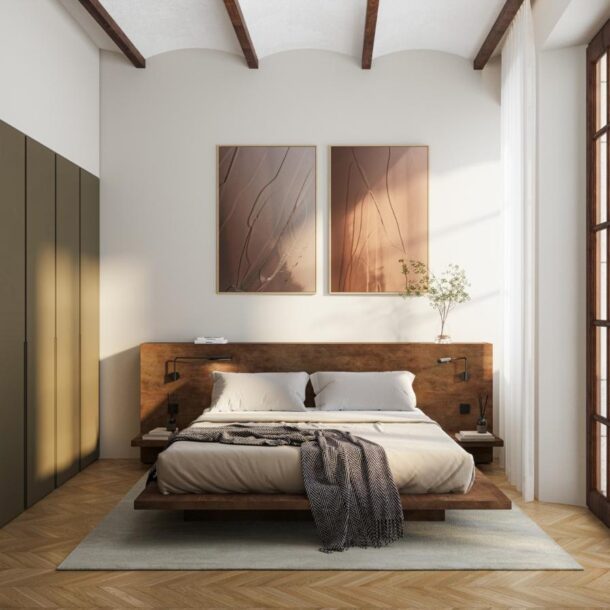 Cozy bedroom with wooden bed frame and soft lighting in Avinyó 17 Barcelona