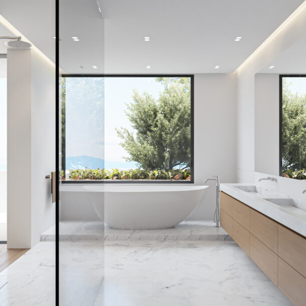 Luxury master bathroom with freestanding bathtub and marble finishes in Bellaterra villa, Marbella.