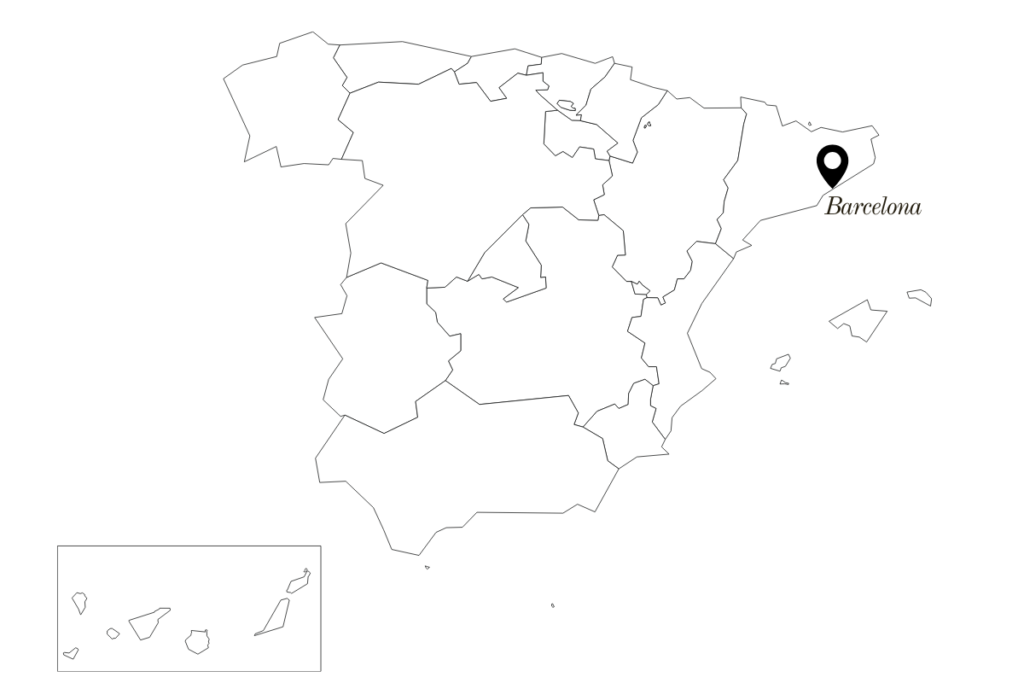 Map of Spain with a location pin marking Barcelona, where Avinyó 17 is located.