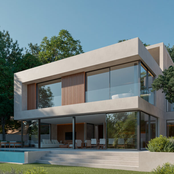 Contemporary luxury villa in Begur with large glass windows and an infinity pool. Title: Modern Luxury Villa with Infinity Pool – Begur, Costa Brava