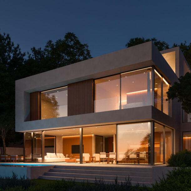 Luxury villa in Begur with an infinity pool, minimalist architecture, and lush greenery.