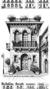 Black and white sketch of a historic Mediterranean-style building with arched windows, balconies and rooftop garden