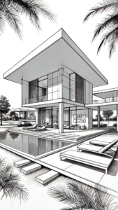 Black and white ink drawing of a luxury modern villa with pool, palm trees and large glass windows