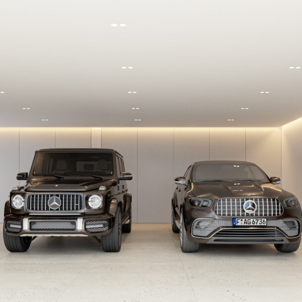 Private luxury garage for two vehicles with wood finishes in Bellaterra villa, Marbella.
