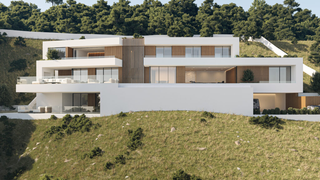 Contemporary villa façade with terraces and south-facing orientation in Marbella.