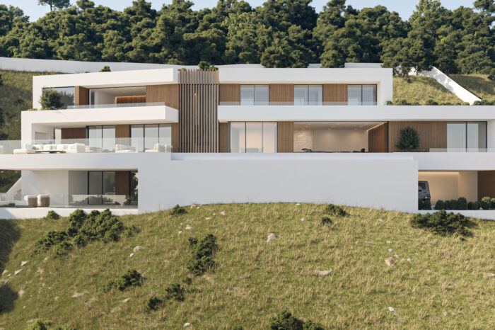 Contemporary villa façade with terraces and south-facing orientation in Marbella.