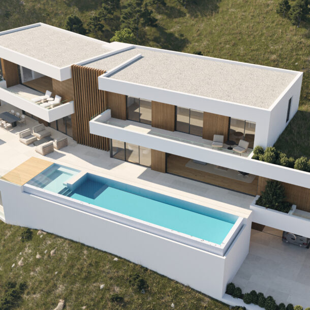 Rear hillside view of Bellaterra villa in Montemayor, Marbella.