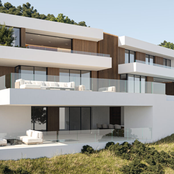 Luxury terrace with modern furniture and infinity pool in Bellaterra villa, Marbella.