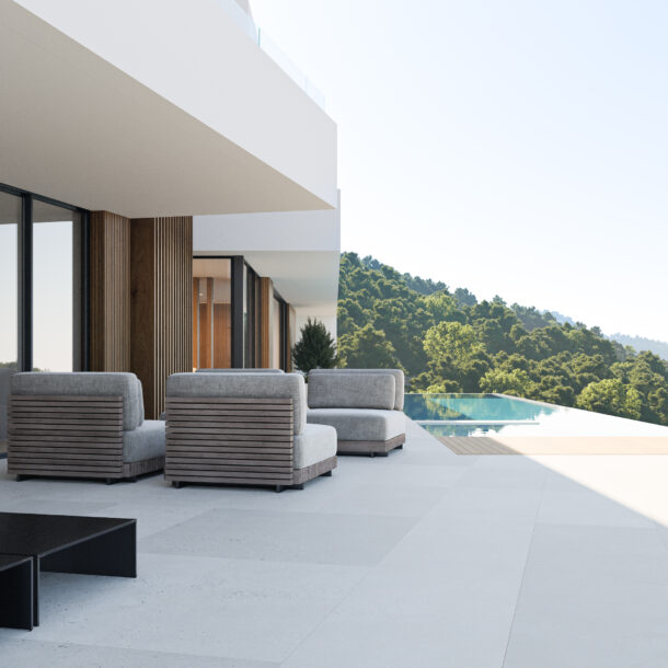 Luxury terrace with modern furniture and infinity pool in Bellaterra villa, Marbella. Best views.