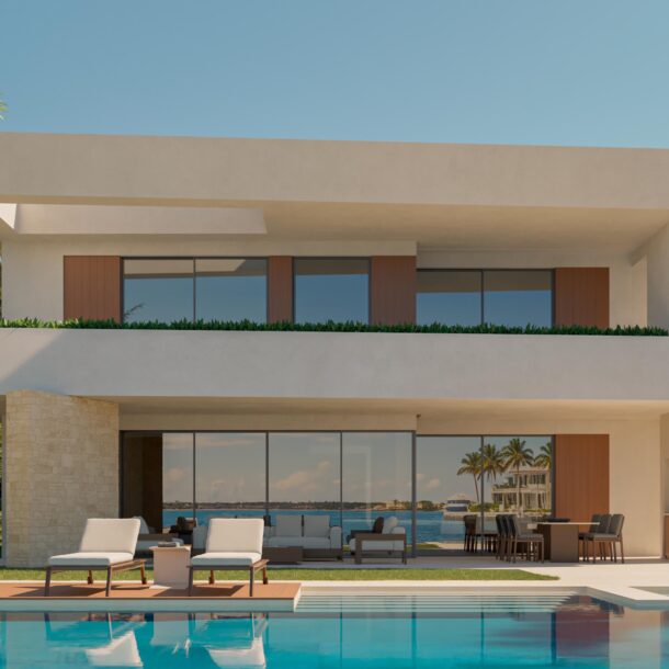 Front view of a luxury villa with an infinity pool and ocean views in Cap Cana.