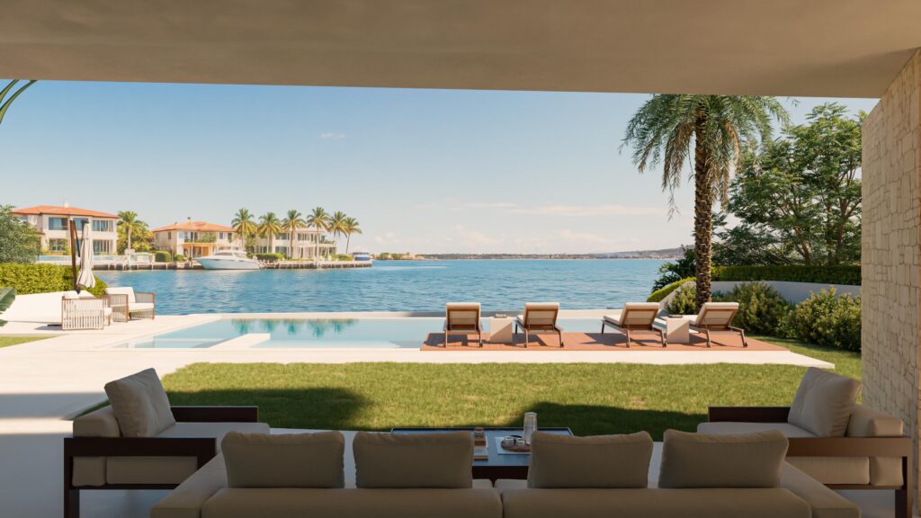 Luxury villa terrace with lounge area, infinity pool, and panoramic ocean views in Cap Cana.