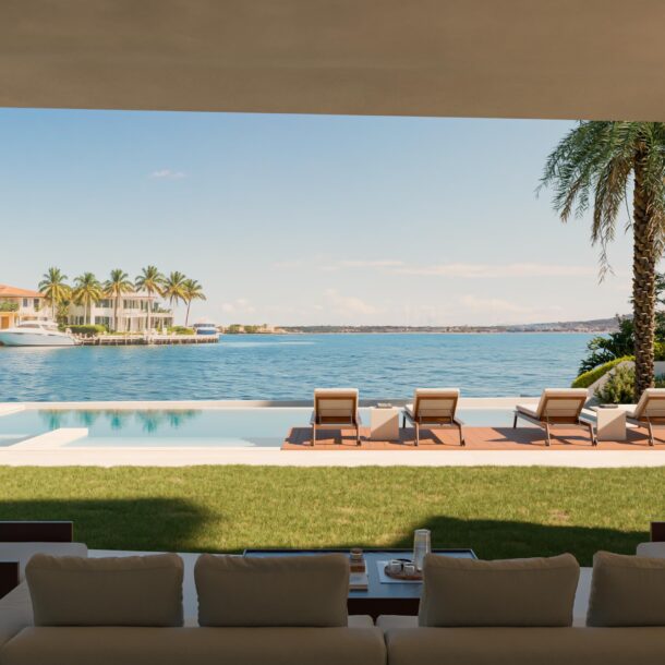 Luxury villa terrace with lounge area, infinity pool, and panoramic ocean views in Cap Cana.