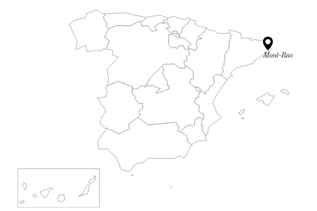 Map showing Mont-Ras location on the northeastern coast of Spain