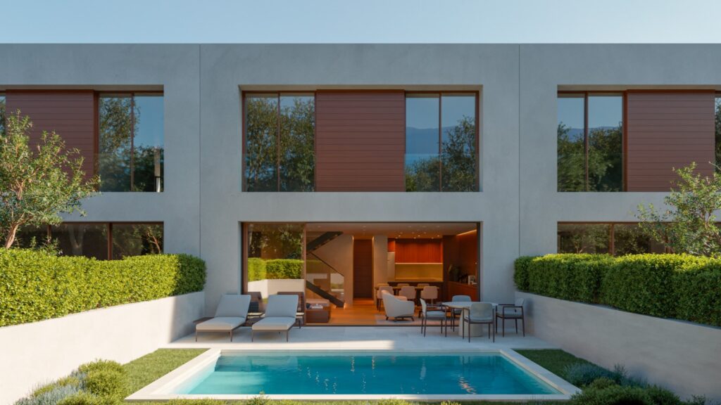 Modern façade with pool and garden in daylight at Mont-Ras