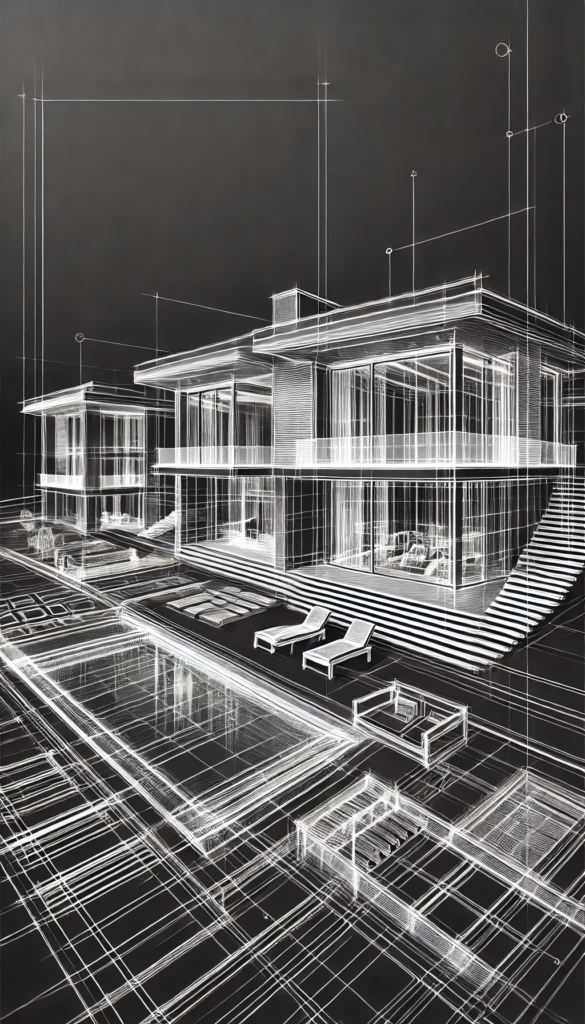 White architectural line sketch of a modern luxury villa with pool and terraces, drawn on a black background.
